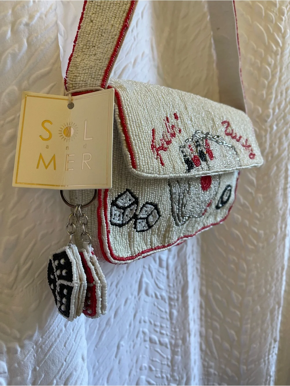 Sol & Mer White Beaded Lucky Dice & Cards Shoulder Bag - NWT **